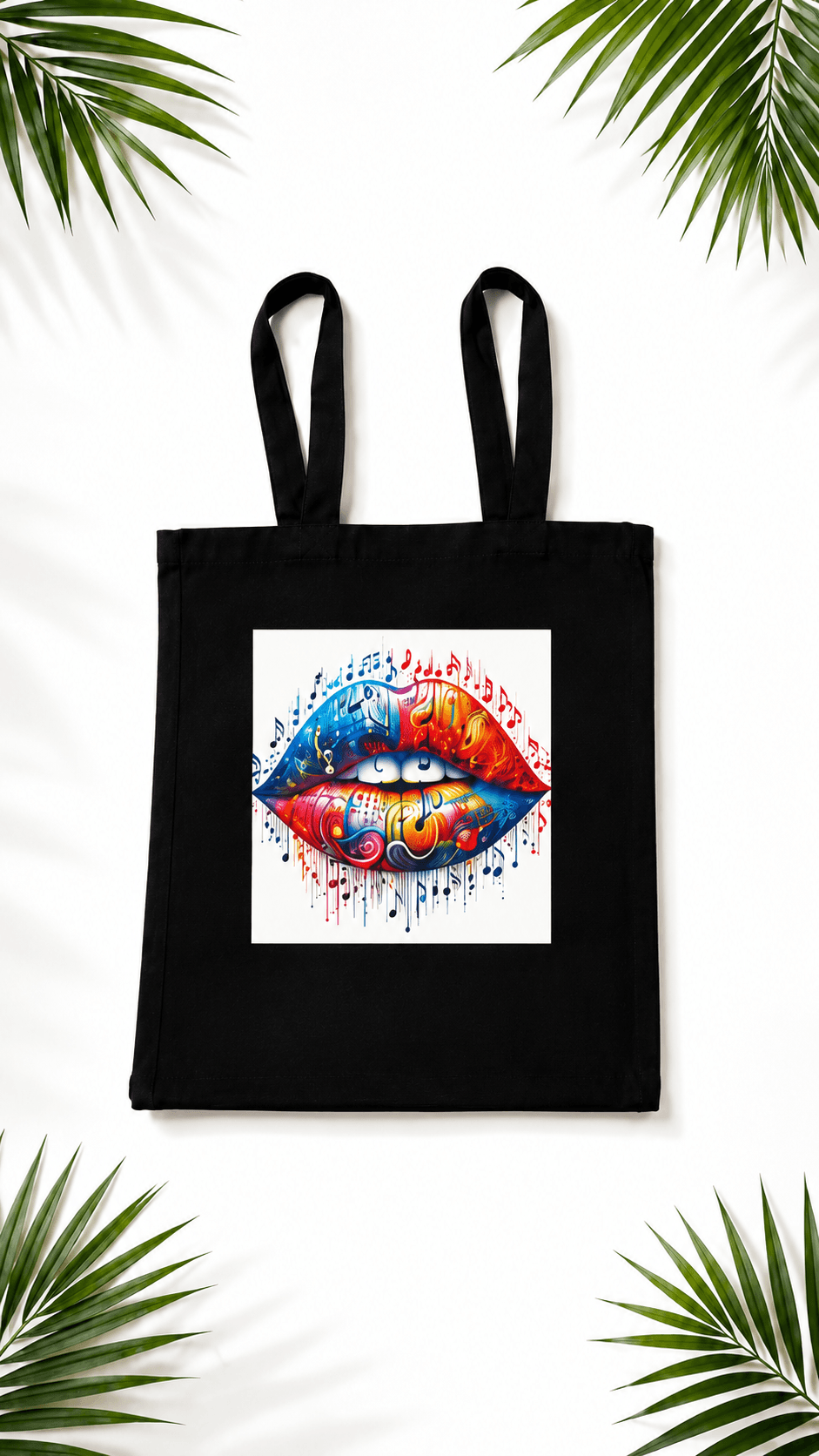 A custom black tote bag with colorful artwork