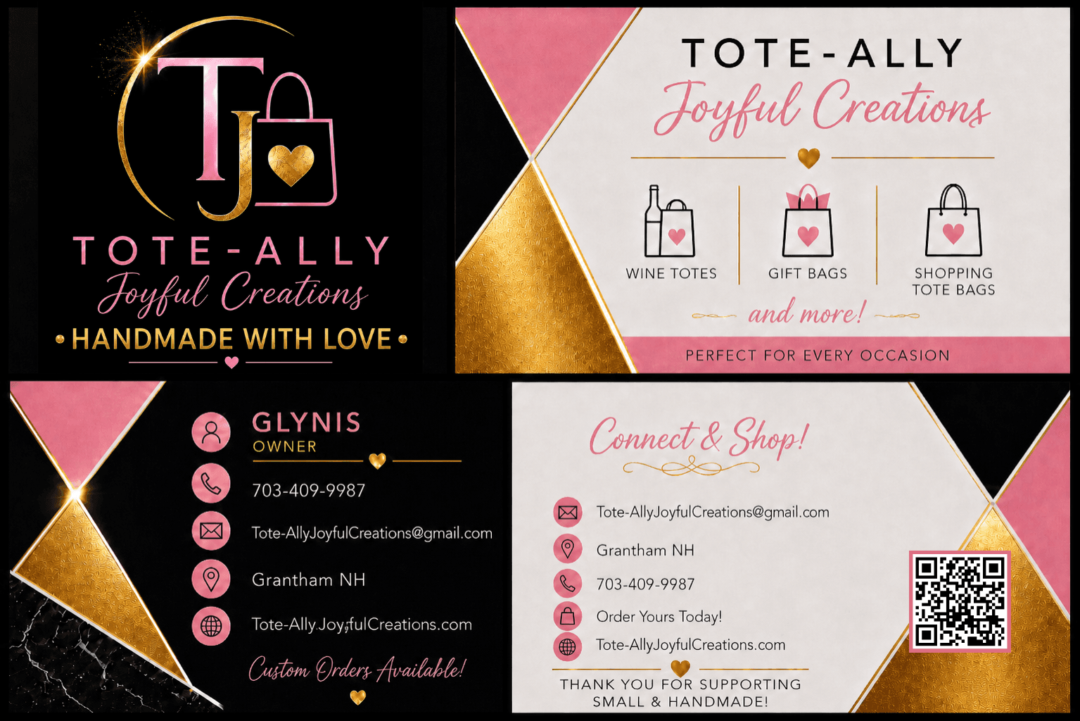 Tote-Ally Joyful Creations business card with QR code and contact details