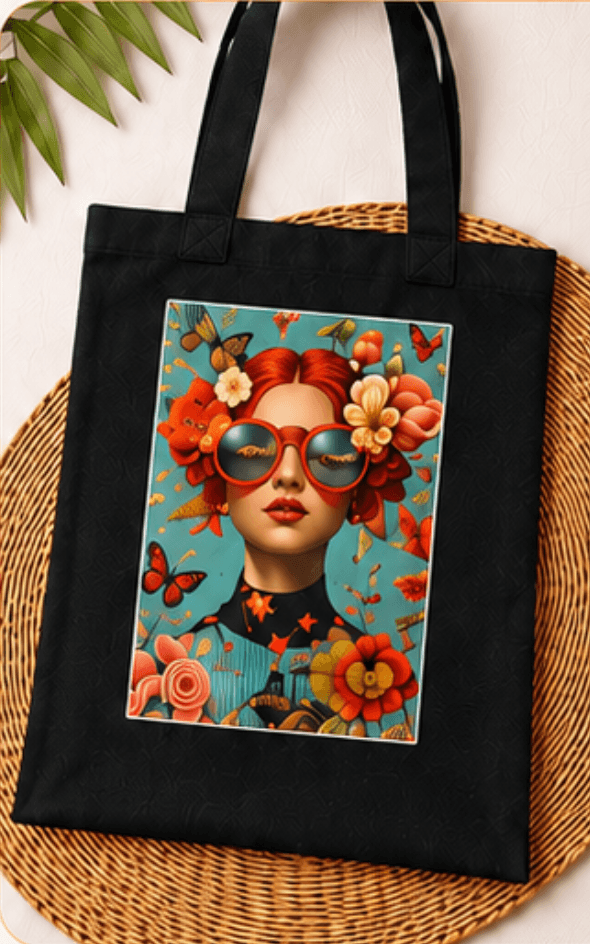 A black tote bag with colorful floral portrait artwork