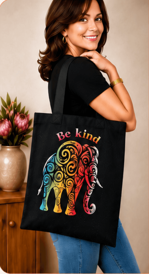 A black tote bag with a colorful Be kind elephant design