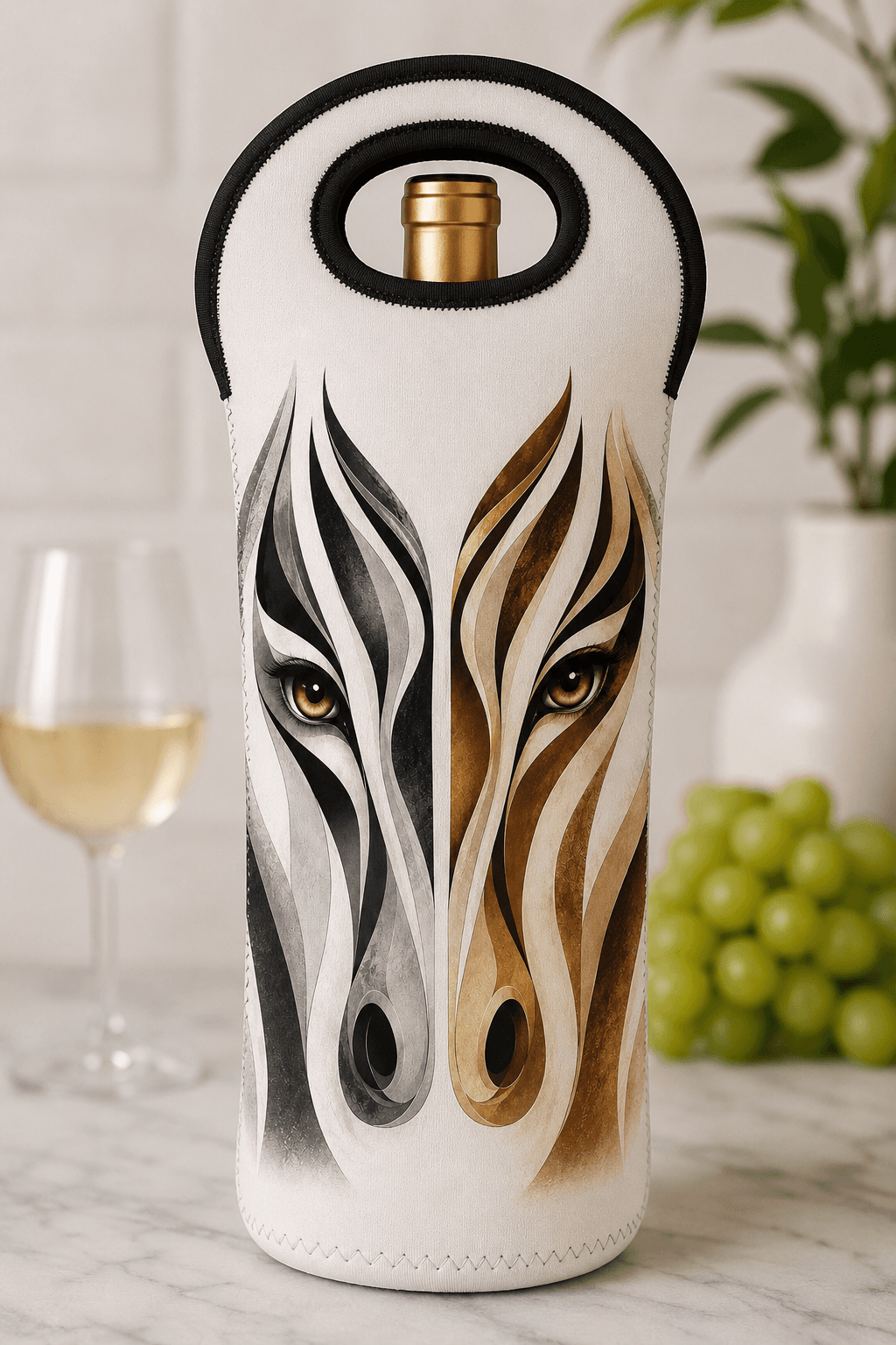 Handcrafted wine tote with an artistic design
