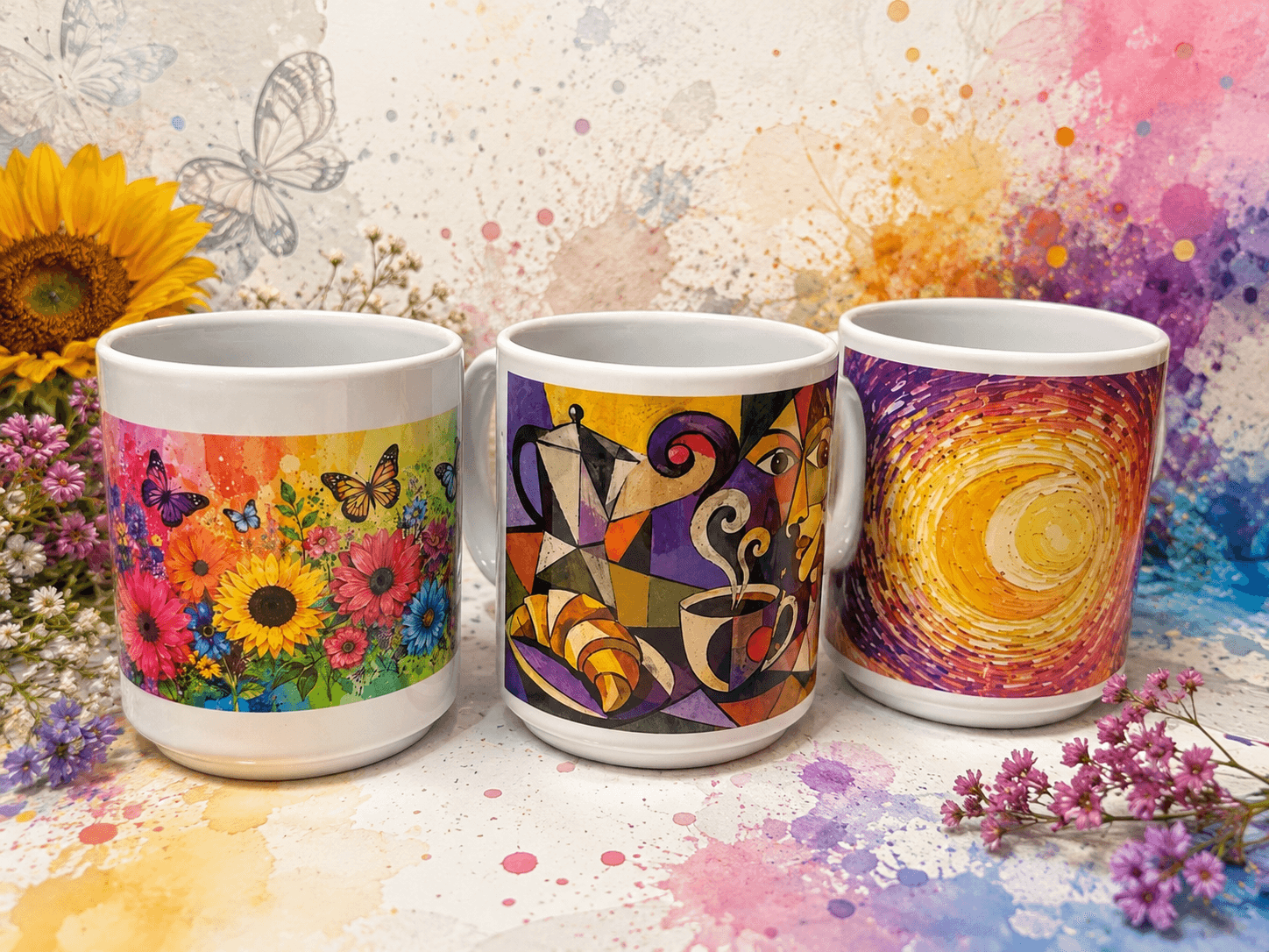 Colorful custom-designed mugs