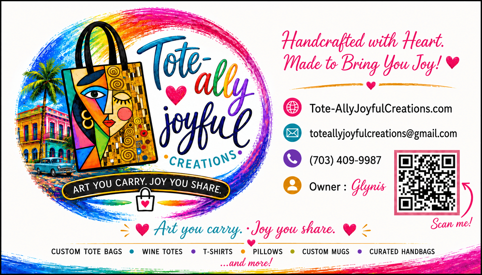 Tote-Ally Joyful Creations business card with QR code and contact details