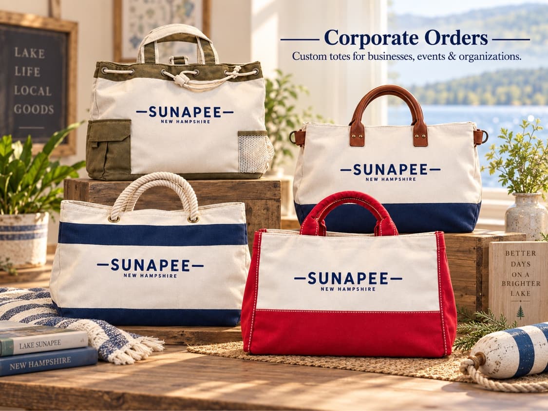 Custom corporate tote bags displayed for business and event orders