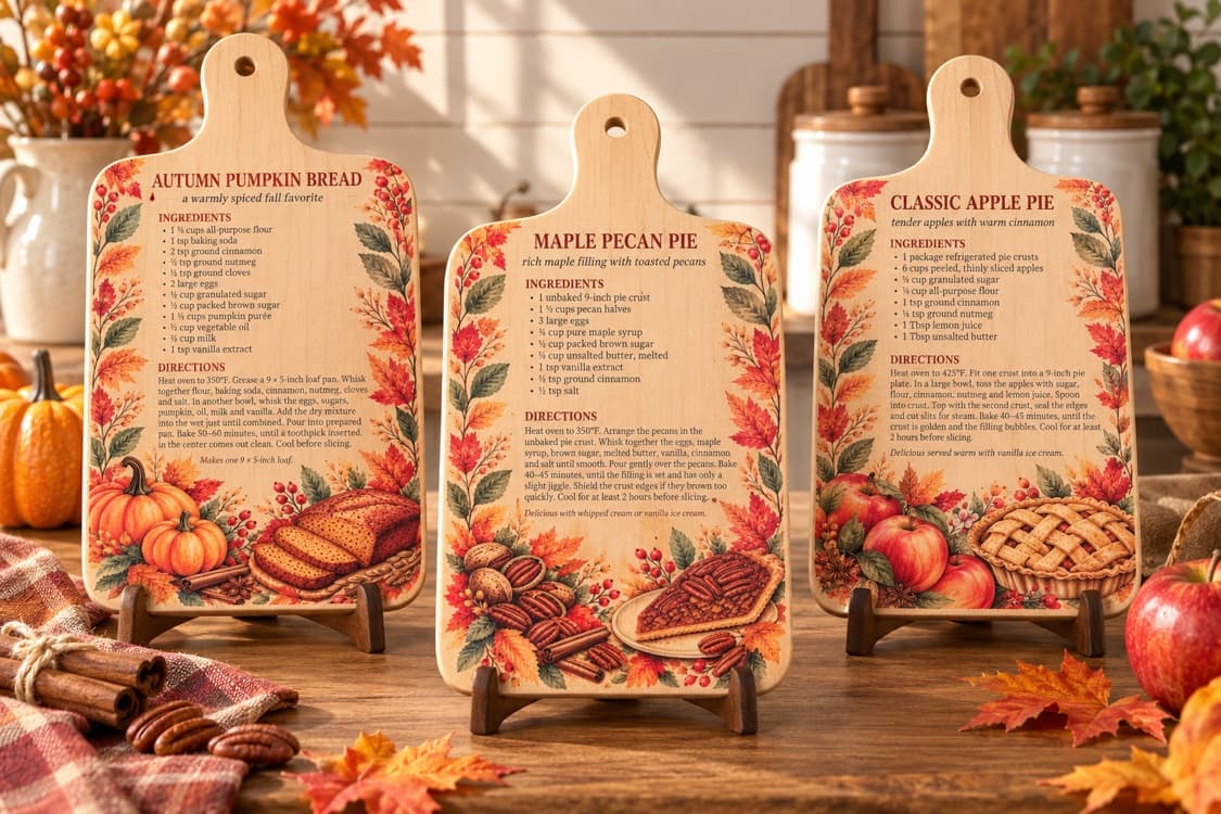 Autumn Pumpkin Bread, Maple Pecan Pie, and Classic Apple Pie decorative recipe cutting boards