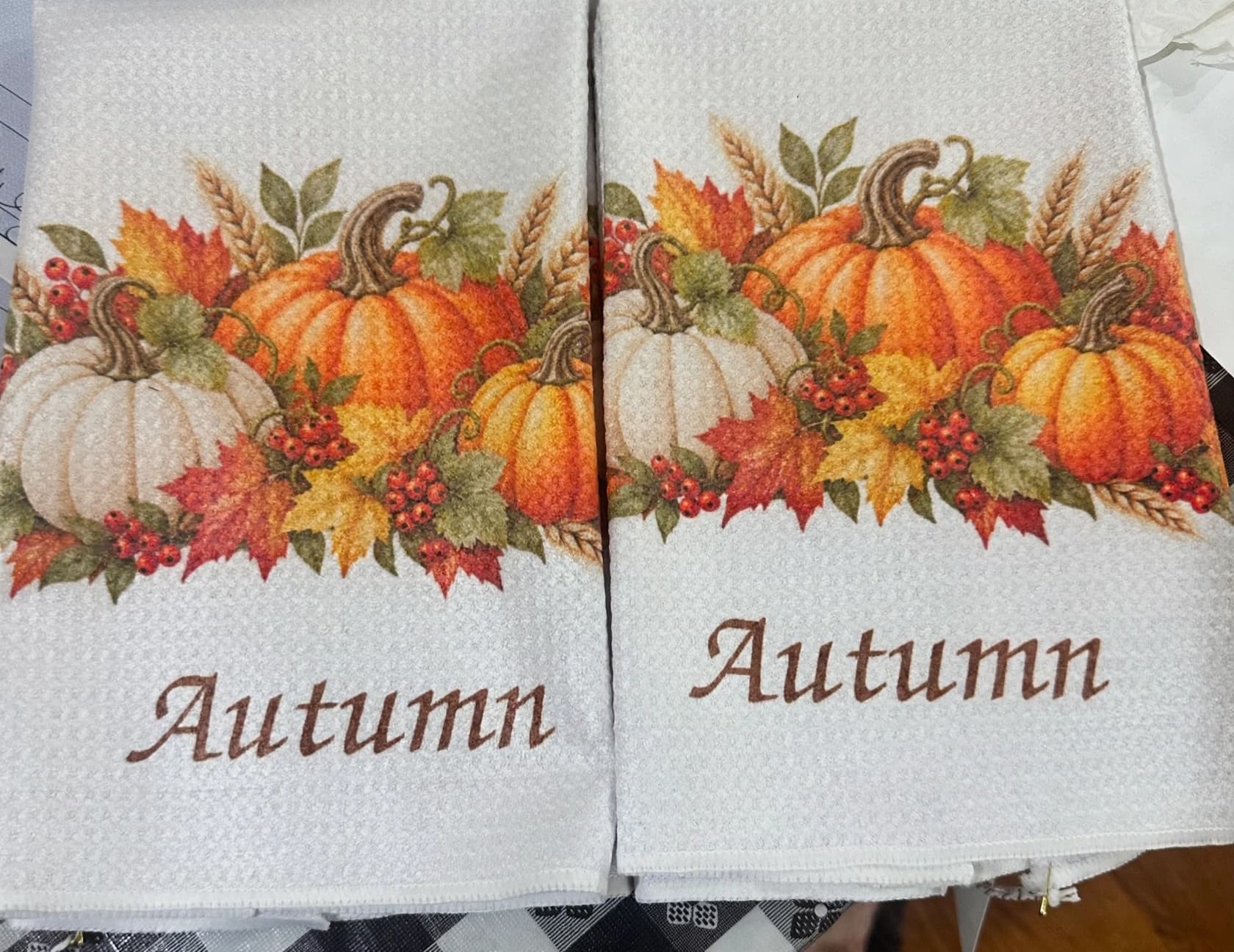 Enhanced photo of pumpkin and fall foliage Autumn kitchen towels