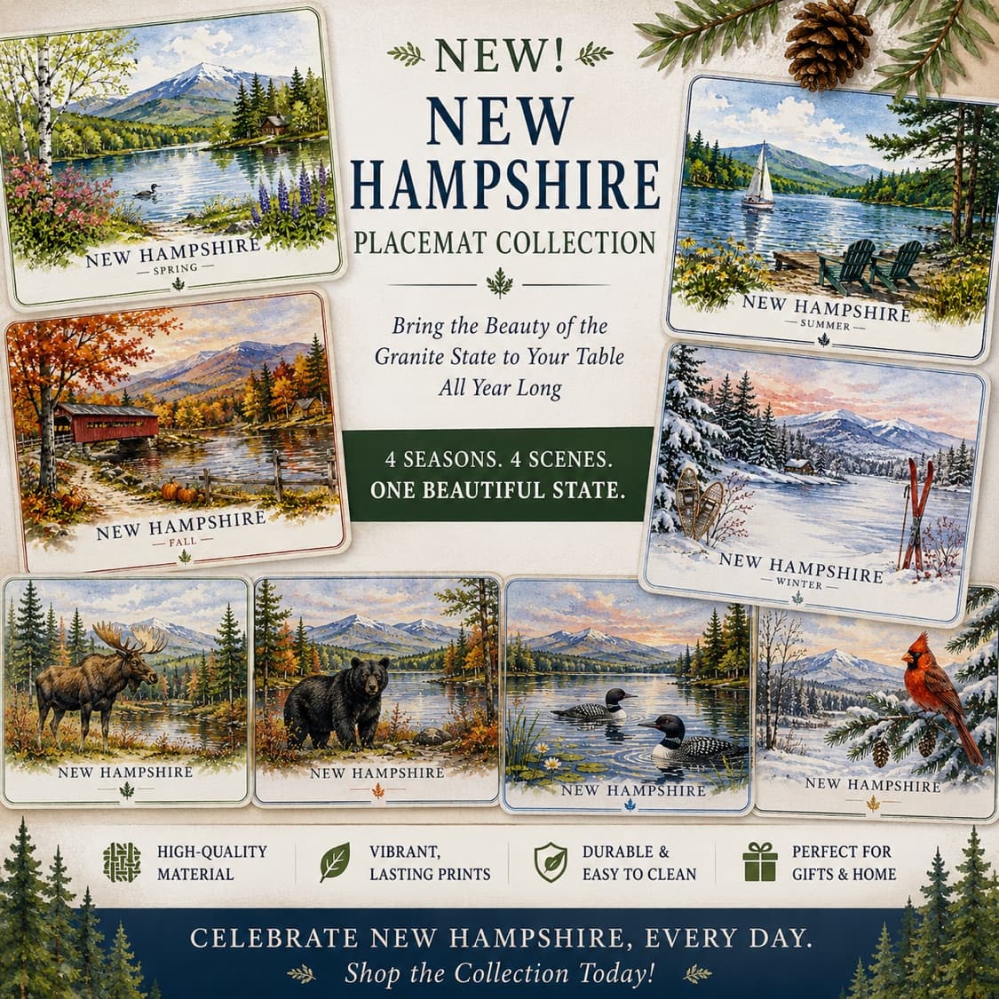Four-season New Hampshire placemat collection featuring four scenic designs