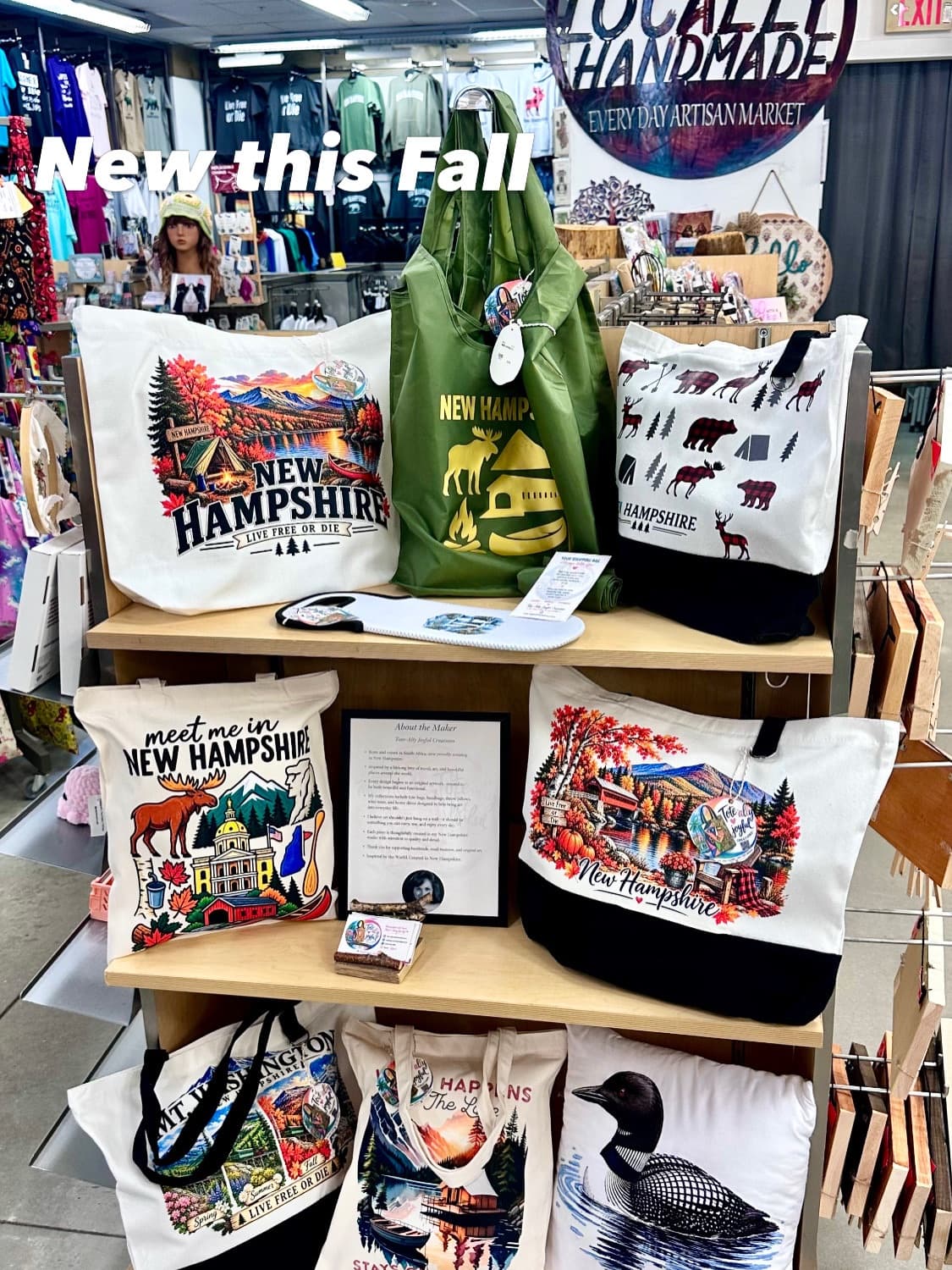 New this Fall Tote-Ally Joyful Creations display at Locally Handmade in Merrimack NH