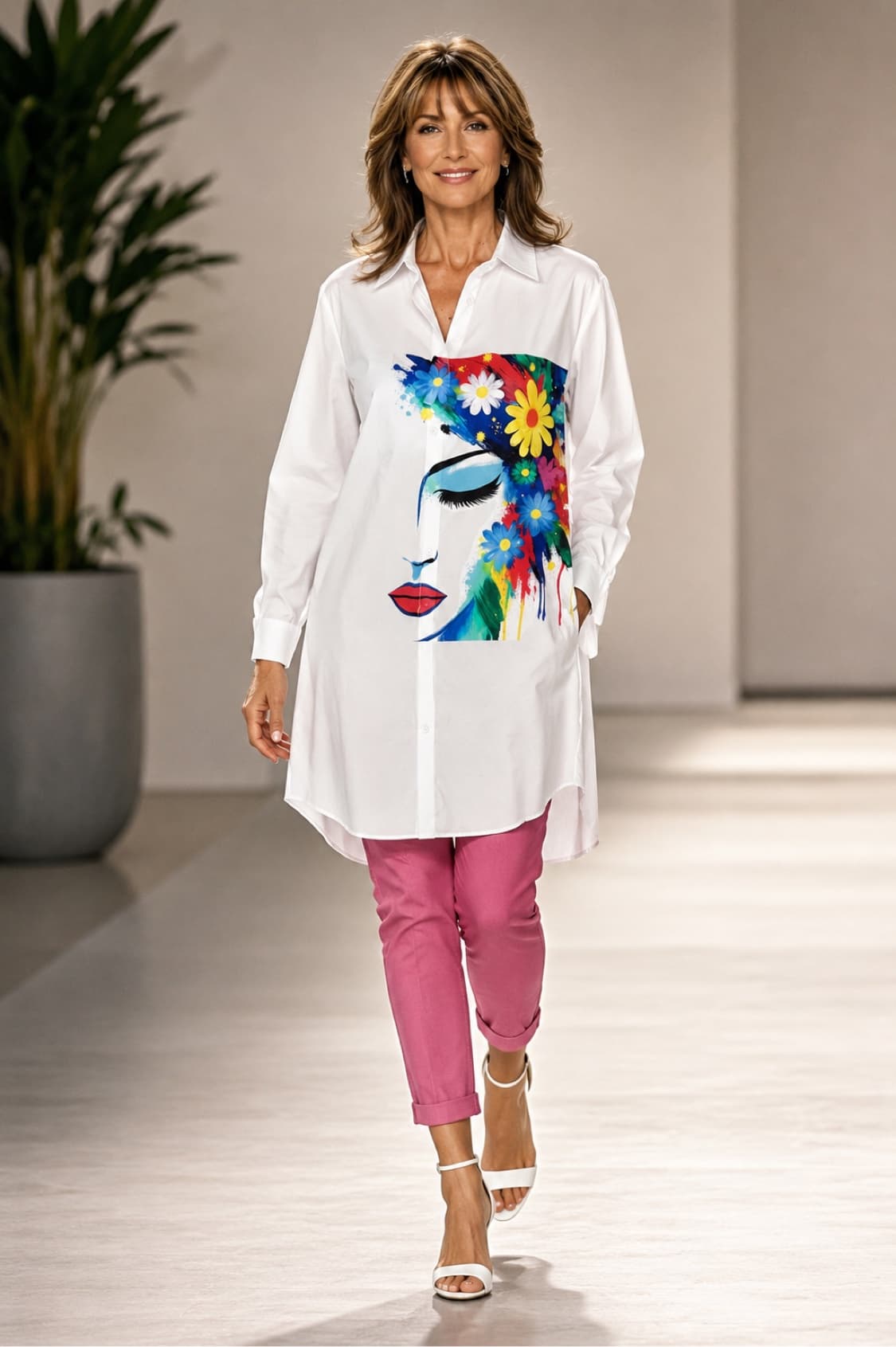Long white tunic-style button-up shirt with vibrant floral face artwork